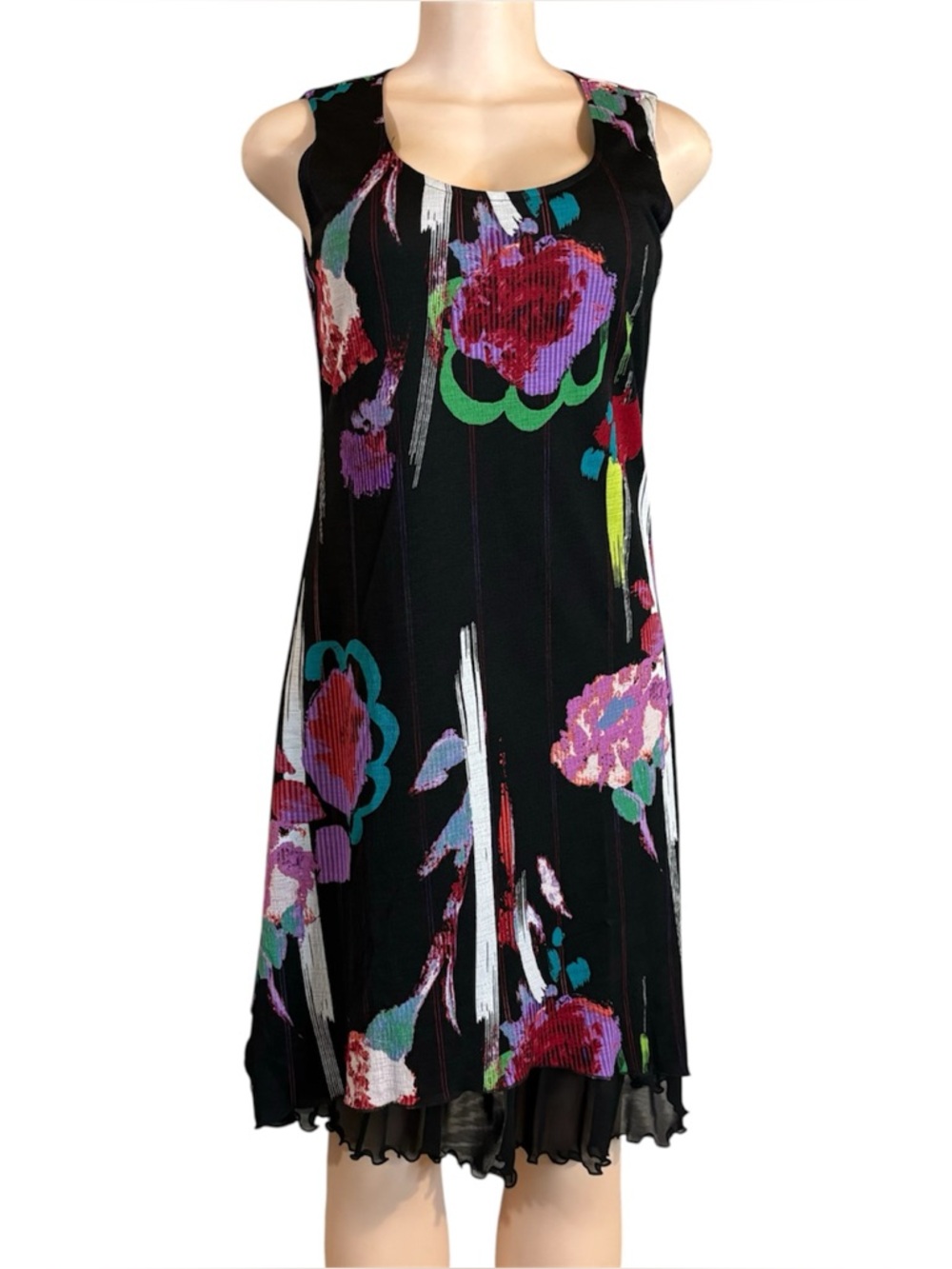 Vintage Y2K Floral Midi Dress Sleeveless Sz 4 Blk Colorful Ruffle Festival boho